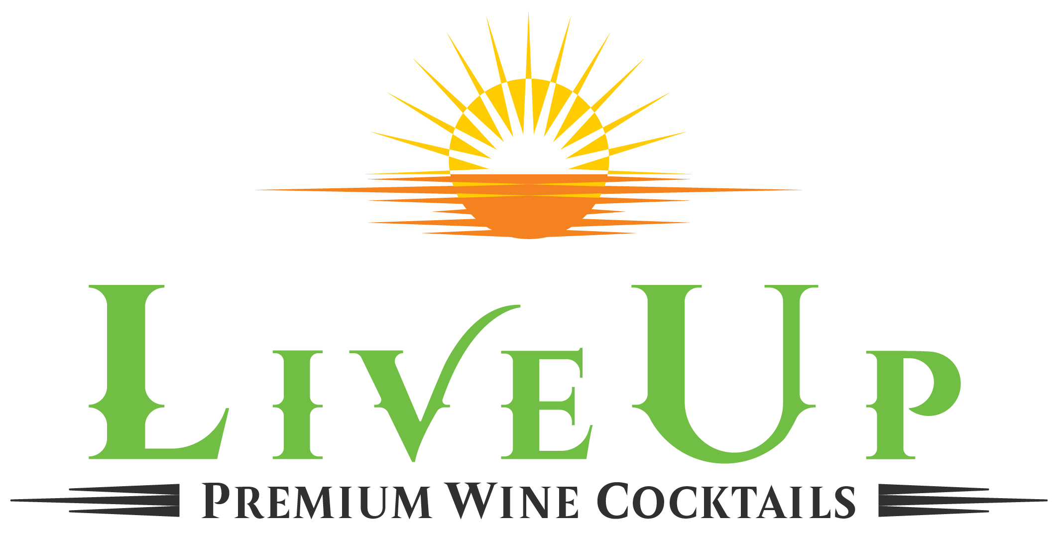 logo for "liveup premium wine cocktails" featuring a stylized golden sun rising or setting over the horizon, with green text for "liveup" and black text for "premium wine cocktails." this design perfectly captures the vibrant flavors of our liveup sangria.