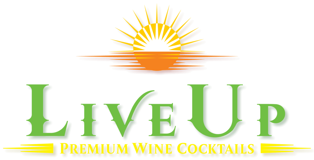 A logo featuring a rising or setting sun with rays emanating from it, set above the words "LiveUp" in large, green text. Below that, "Premium Wine Cocktails" is written in smaller, gold text. The design gives a lively and fresh impression.