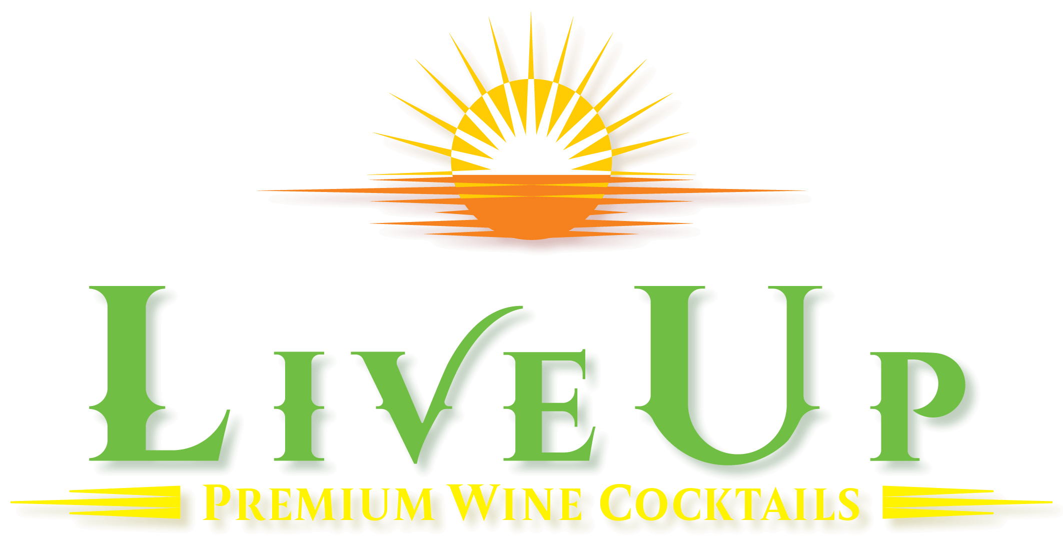 A logo featuring a rising or setting sun with rays emanating from it, set above the words “LiveUp” in large, green text. Below that, “Premium Wine Cocktails” is written in smaller, gold text. The design gives a lively and fresh impression.